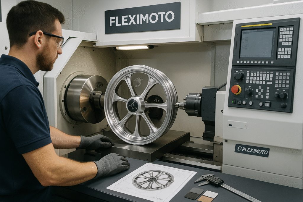 Technician machining a forged wheel for an Indian Cruiser in a clean CNC workshop.