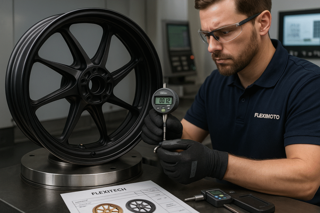 Technician inspecting a forged BMW motorcycle wheel in a CNC machining workshop, highlighting precision and quality control.