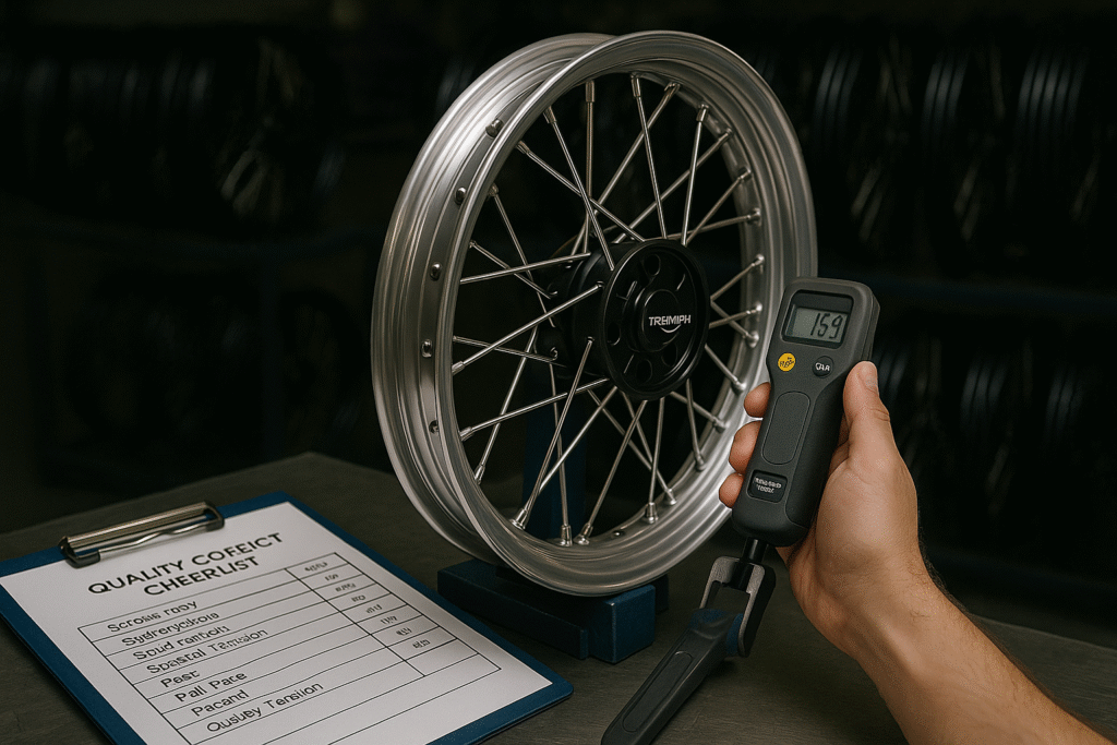 Spoke tension inspection on Triumph laced wheels at FLEXIMOTO quality lab.