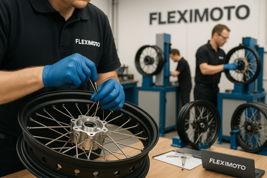 Technicians assembling and testing laced wheels for Honda adventure motorcycles at FLEXIMOTO factory