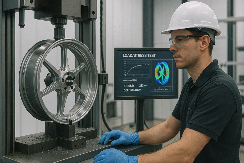 Structural stress test of forged Suzuki motorcycle wheels at FLEXIMOTO facility.