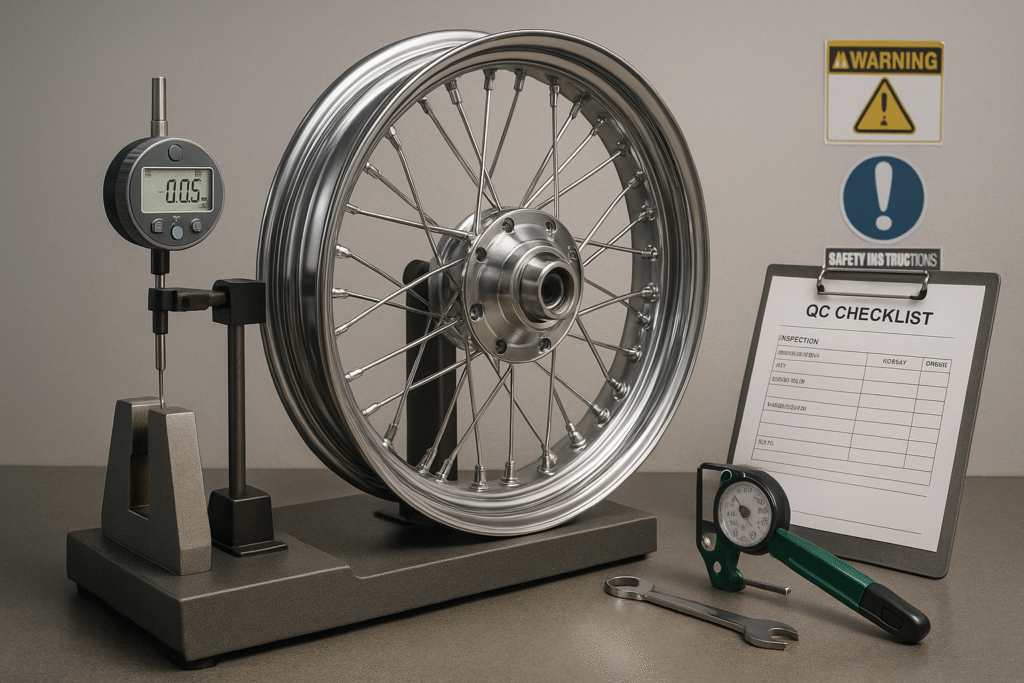 Suzuki cruiser laced wheel undergoing digital roundness and tension testing in industrial QA setup.