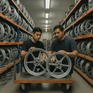 Cast motorcycle wheels for 150cc–250cc bikes in Southeast Asian warehouse