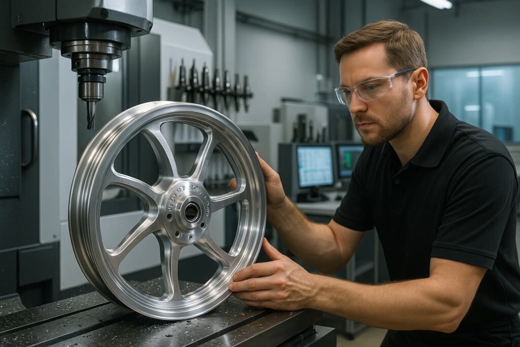 CNC machining of custom forged Harley wheels under strict quality control at FLEXIMOTO facility.