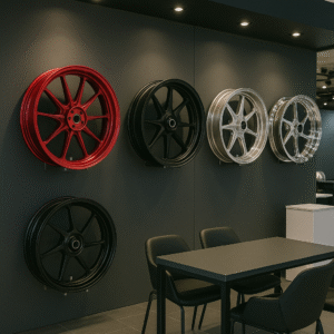 Custom motorcycle wheels with various finishes in a showroom