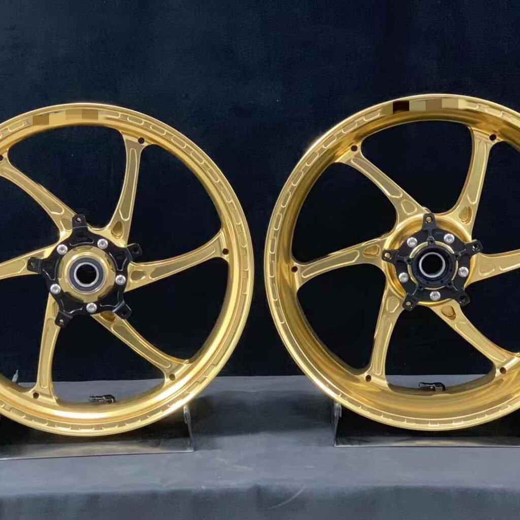 Custom gold forged monoblock motorcycle wheels for Yamaha R1, front and rear set