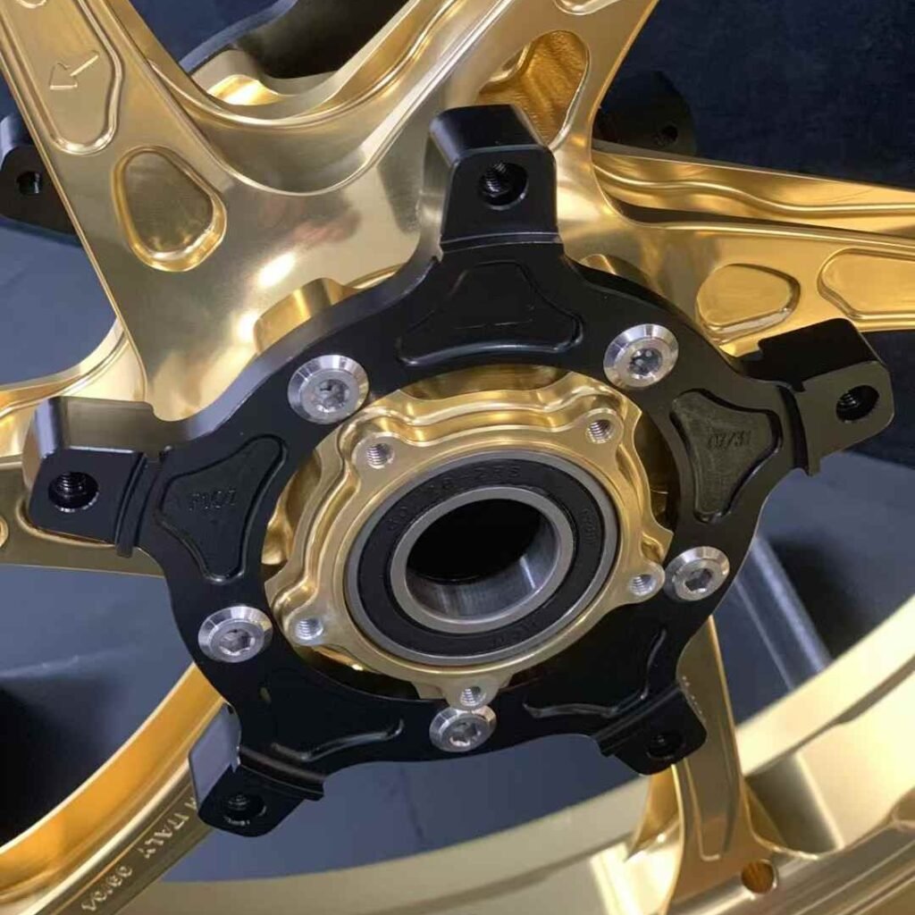 Front wheel bearing mount and flange detail on Yamaha R1 forged rim