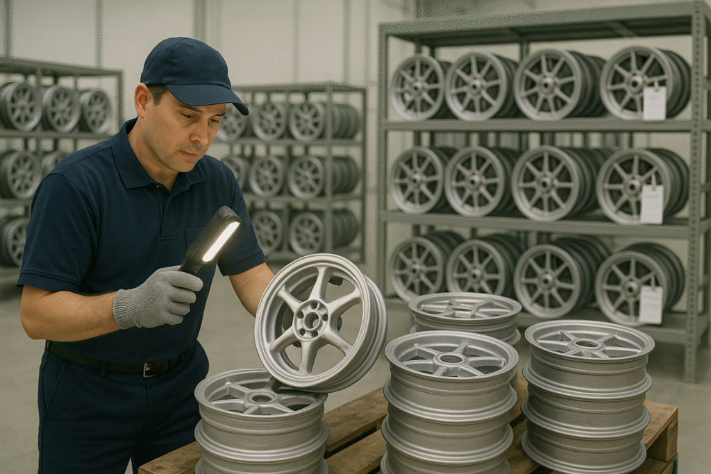Technician inspecting freshly cast Vespa scooter wheels at FLEXIMOTO factory.