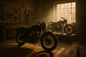 Laced motorcycle wheels displayed in a European café racer workshop