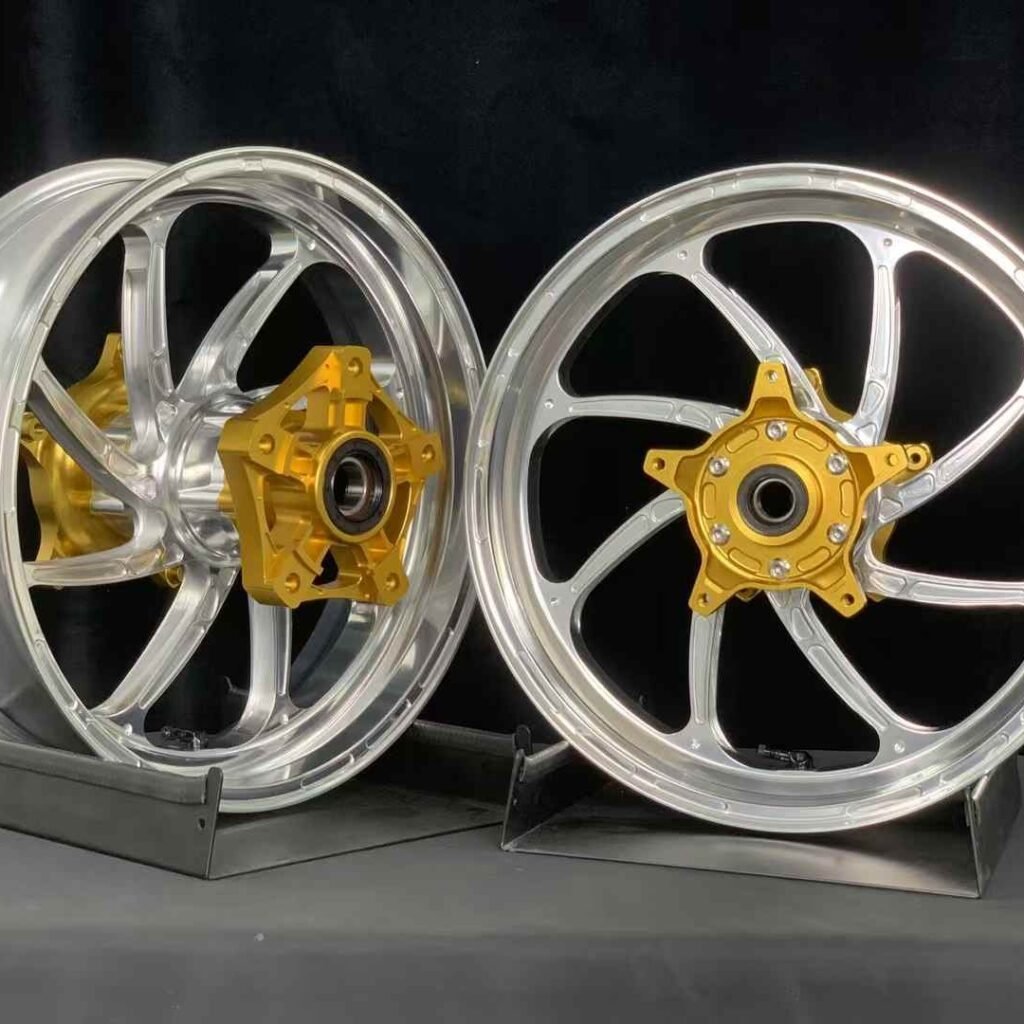 Close-up front and rear wheels with polished surface and gold hub assembly