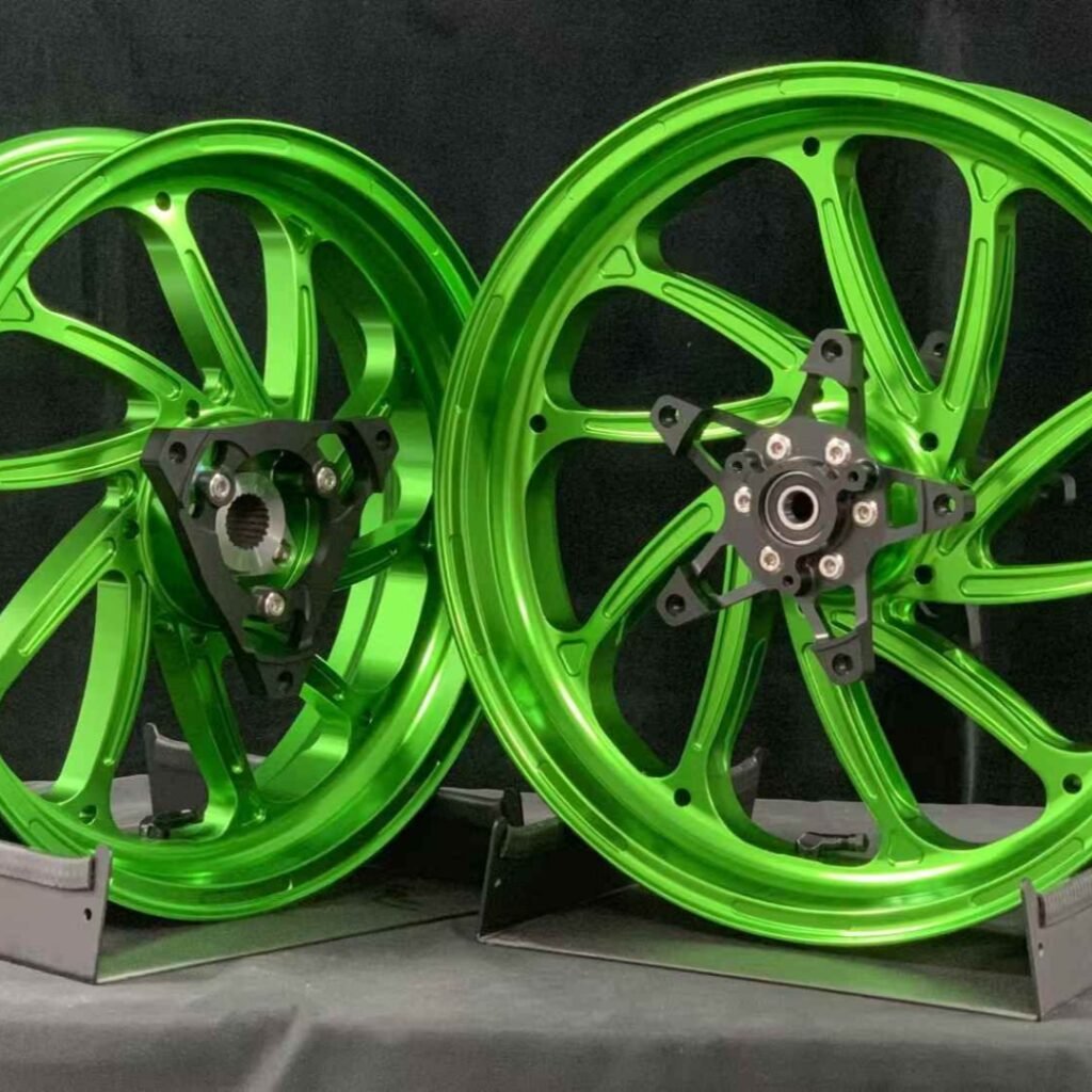Lightweight forged wheels for XMAX 300 shown from angle with hub installed