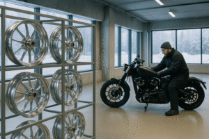 Forged motorcycle wheels in a Finnish custom garage