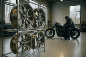 Premium forged motorcycle wheels in a custom workshop in Norway