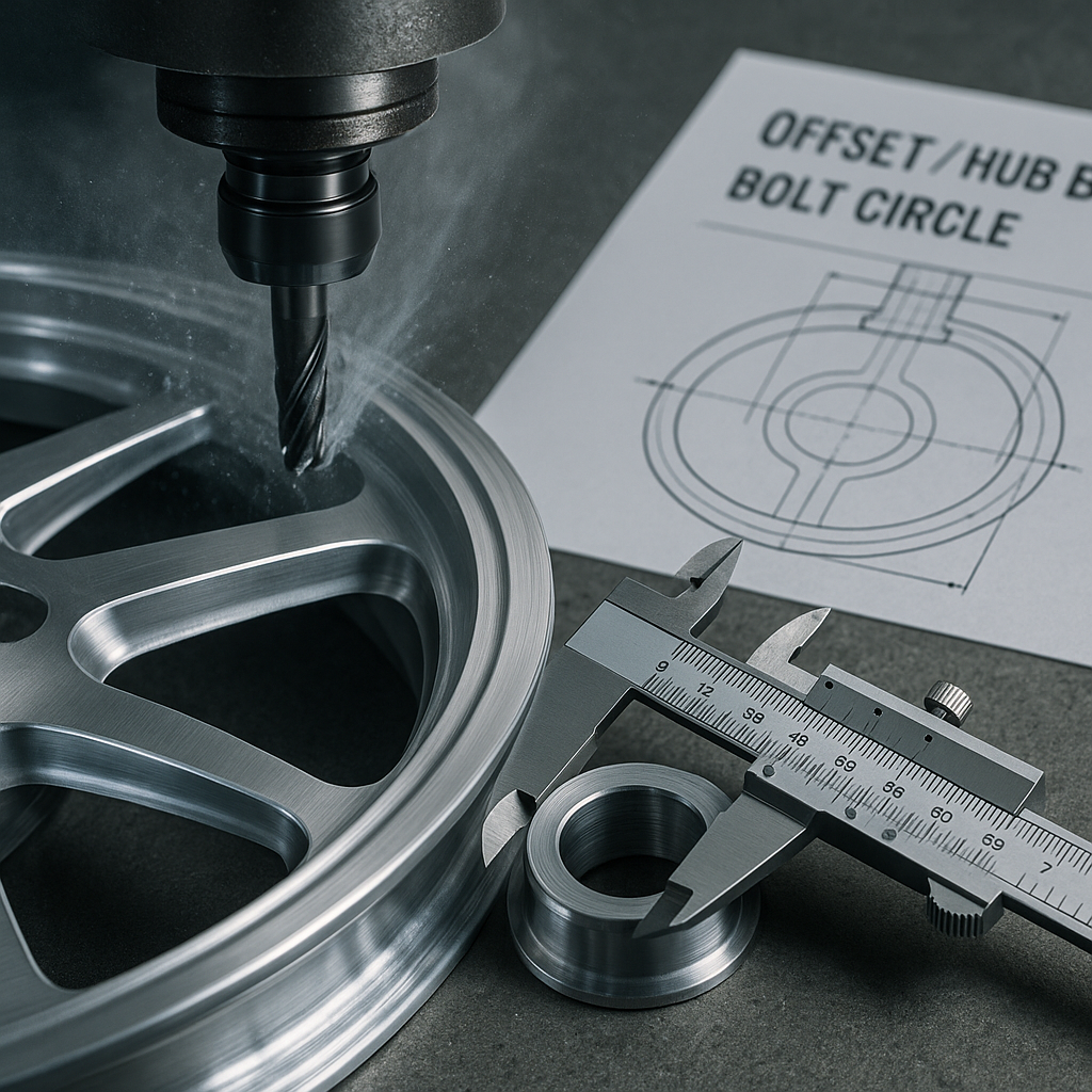 CNC finishing on a forged motorcycle wheel with fitment verification.