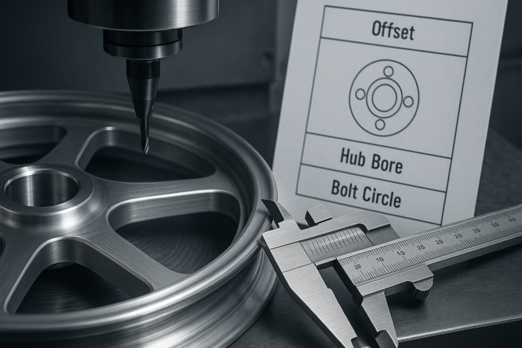 CNC finishing on a forged motorcycle wheel with fitment verification.