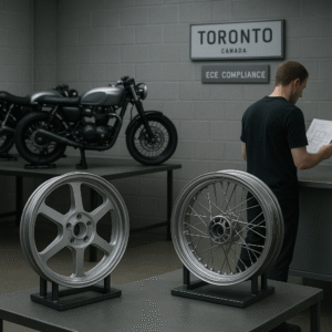Forged motorcycle wheels displayed in a Canadian café-racer workshop.