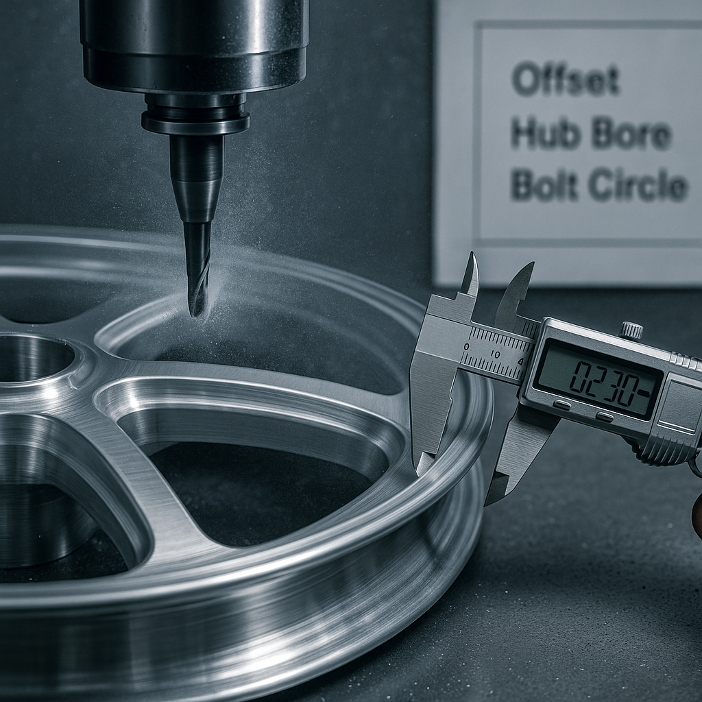 CNC finishing on a forged motorcycle wheel with fitment verification.