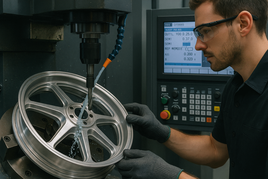 CNC machine producing a forged motorcycle wheel in a French factory