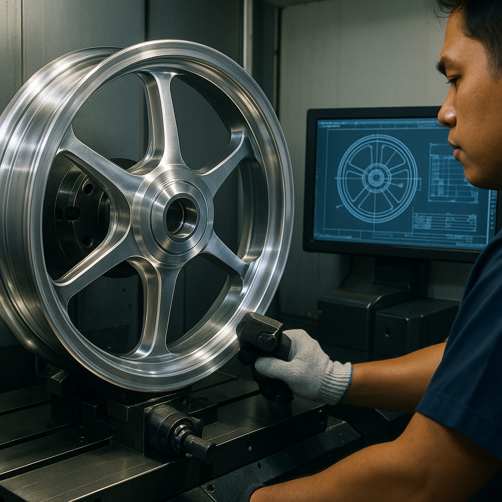 CNC machining of forged motorcycle wheel in a Philippine workshop