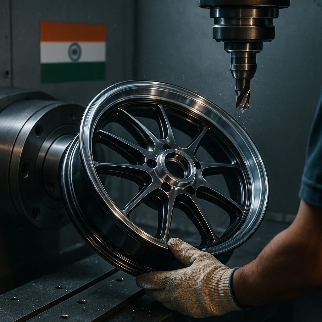 CNC finishing of a forged motorcycle wheel in Indian manufacturing unit