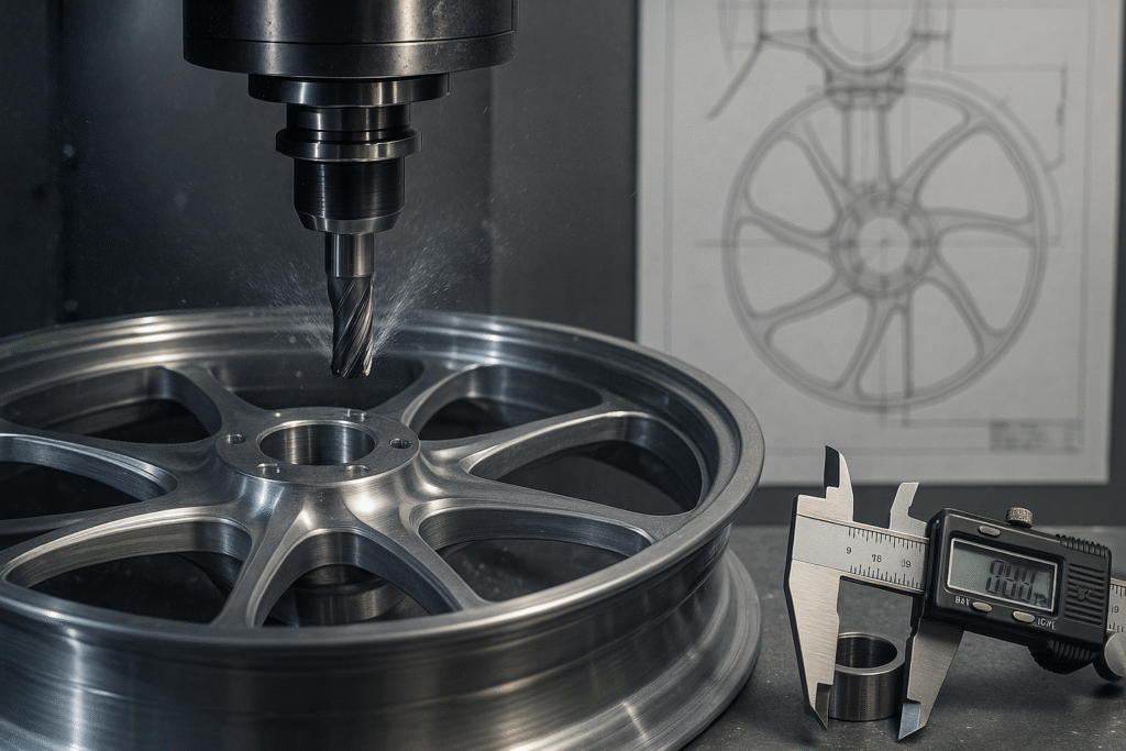 CNC machining a forged aluminum motorcycle wheel with precision fitment check.