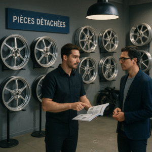 Forged motorcycle wheels in a professional French motorcycle parts showroom