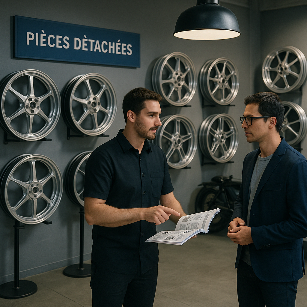 Forged motorcycle wheels in a professional French motorcycle parts showroom