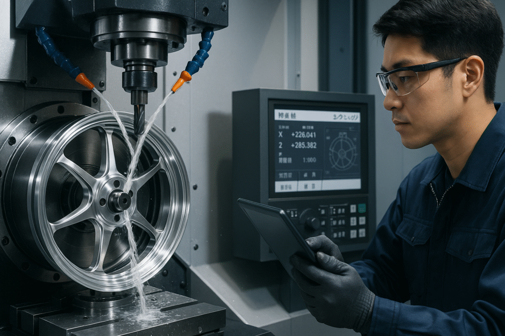 CNC machine forging a motorcycle wheel in Japan