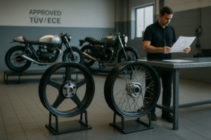 Forged motorcycle wheels displayed in an Italian café-racer workshop.