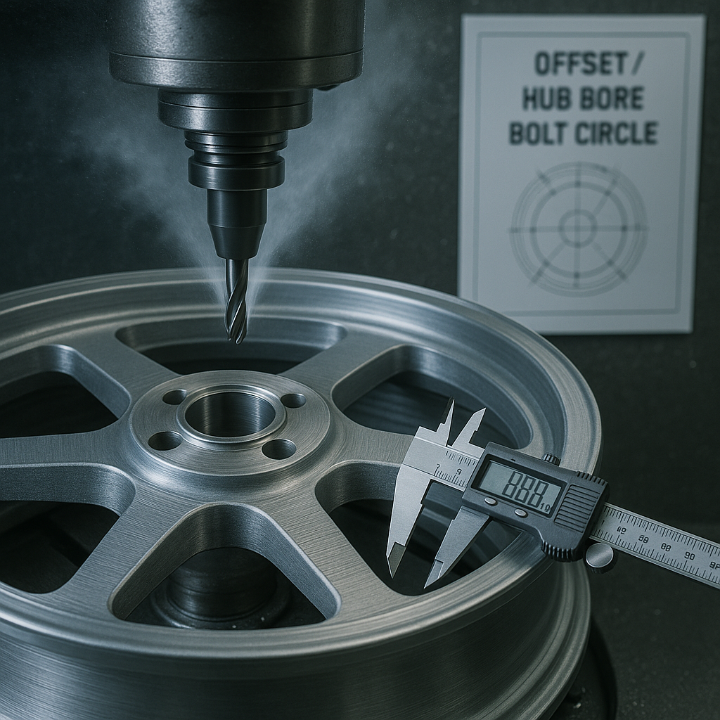 CNC finishing on a forged motorcycle wheel with fitment verification.
