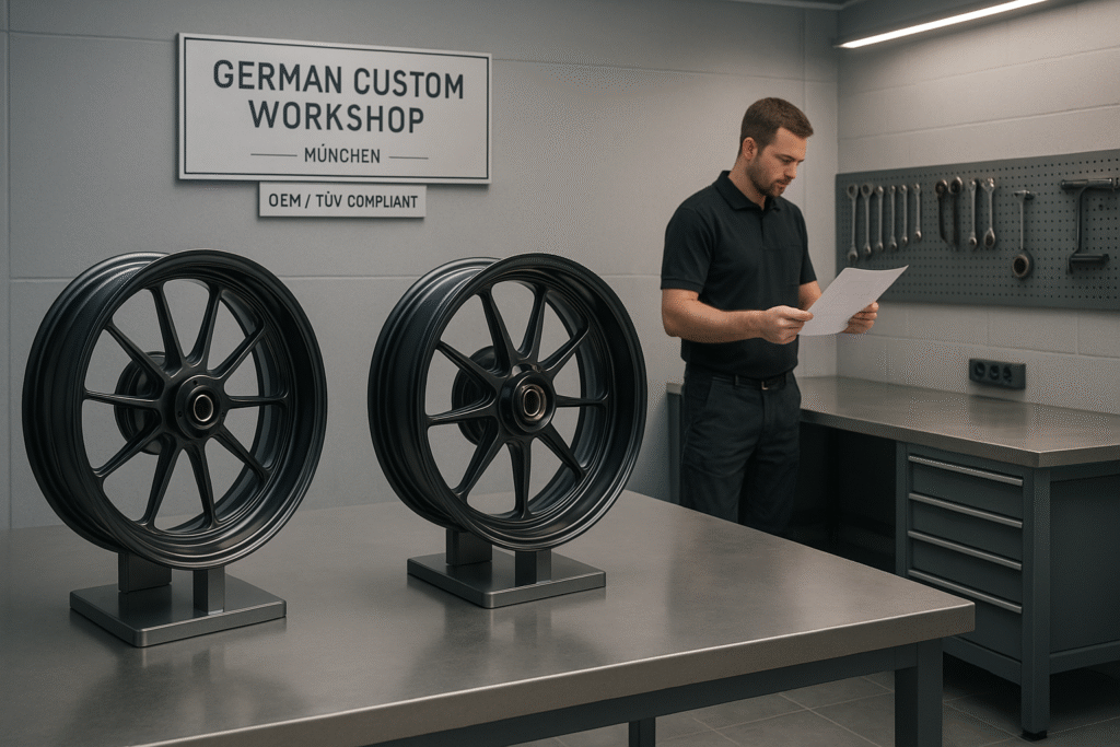 Forged motorcycle wheels on display in a German custom workshop.
