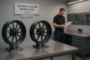 Forged motorcycle wheels on display in a German custom workshop.