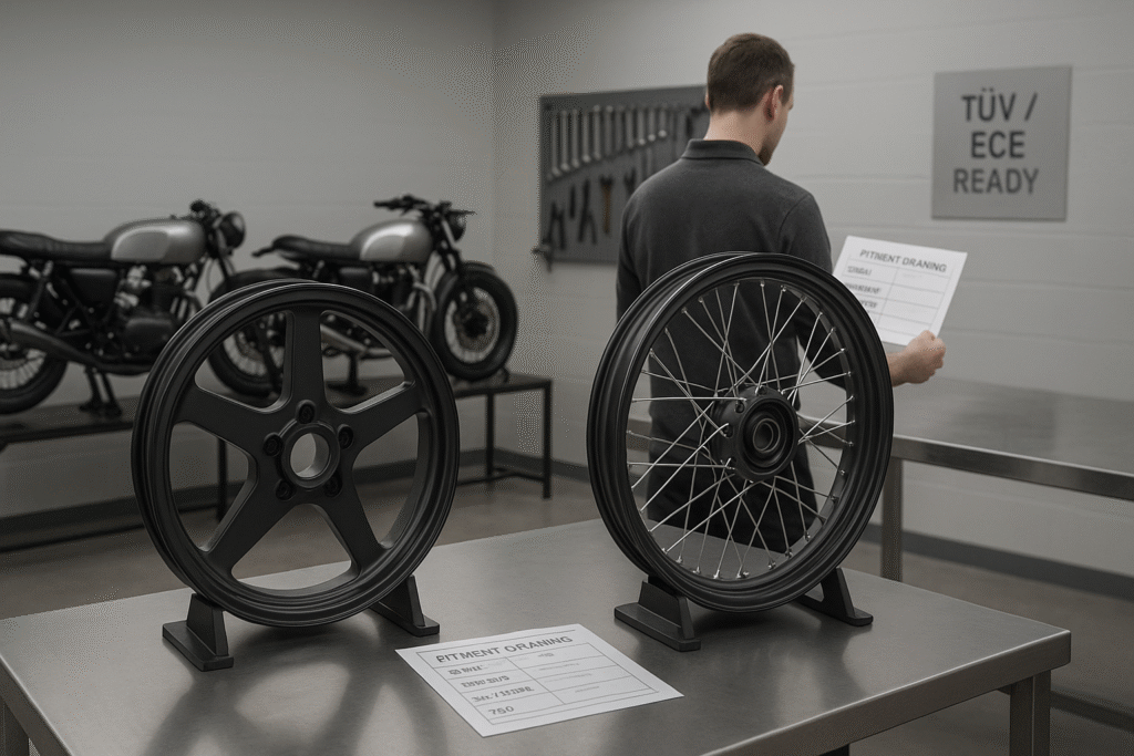 Forged motorcycle wheels displayed in a UK café-racer workshop.