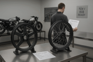 Forged motorcycle wheels displayed in a UK café-racer workshop.