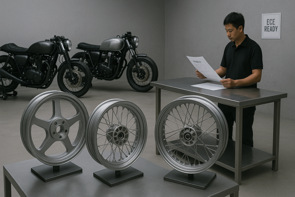 Forged motorcycle wheels displayed in a Vietnam custom workshop.