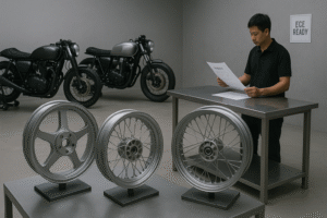 Forged motorcycle wheels displayed in a Vietnam custom workshop.