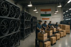 Forged motorcycle wheels ready for export in Indian warehouse