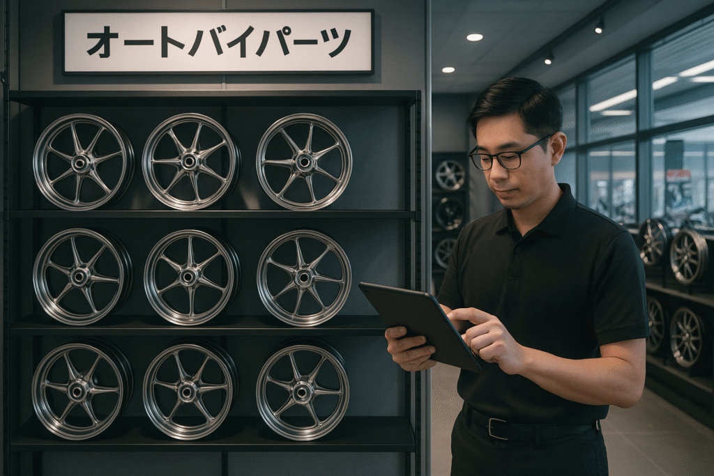 Forged motorcycle wheels displayed in a Japanese B2B parts store