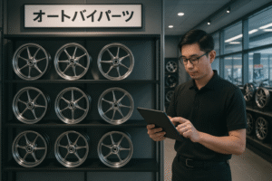 Forged motorcycle wheels displayed in a Japanese B2B parts store