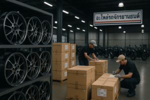 Forged motorcycle wheels being prepared for distribution in Thai warehouse