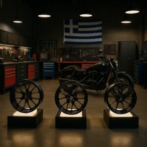 Premium forged motorcycle wheels in a high-end Greek workshop