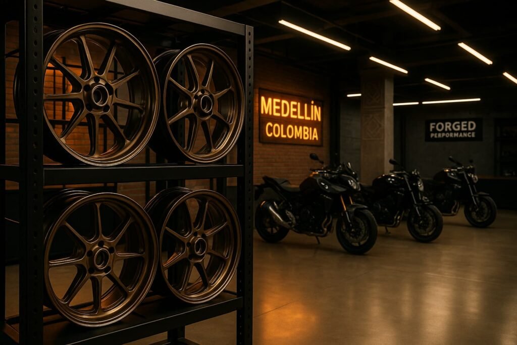 Forged motorcycle wheels in a Colombian tuning garage