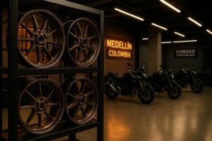 Forged motorcycle wheels in a Colombian tuning garage