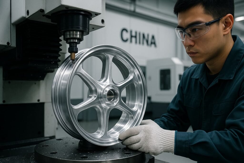 CNC-machined forged motorcycle wheel during precision finishing