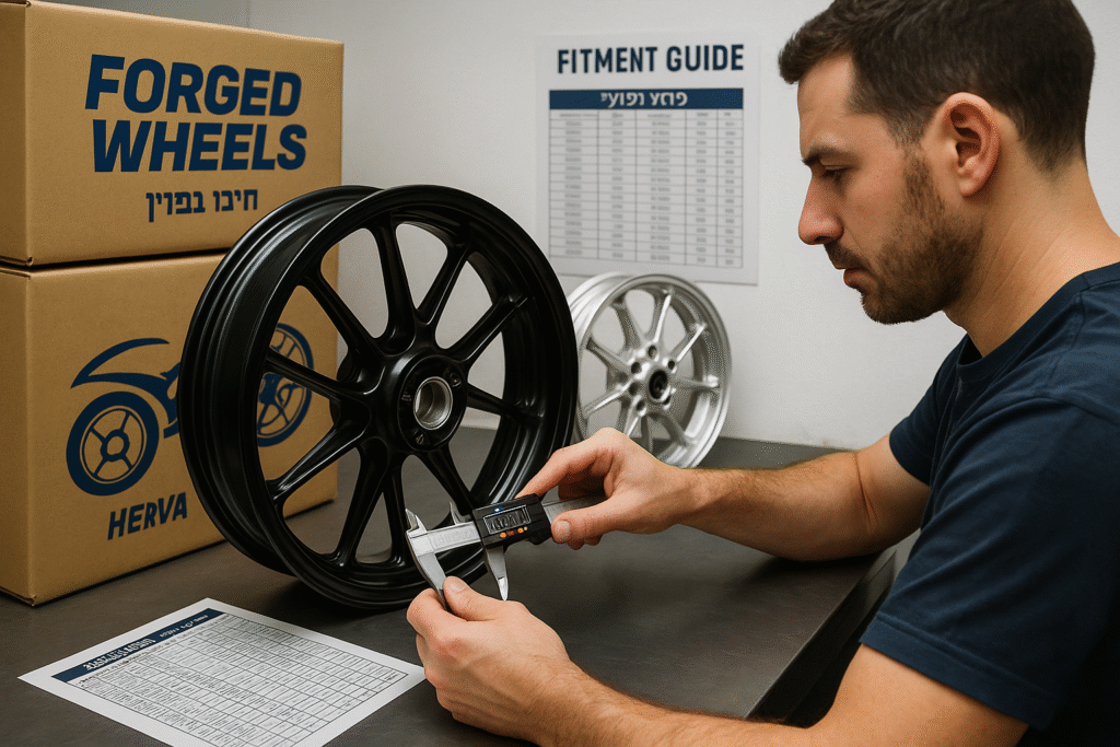 Israeli mechanic inspecting forged motorcycle wheels in a custom shop