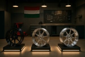 Premium forged motorcycle wheels in a modern Budapest motorcycle workshop