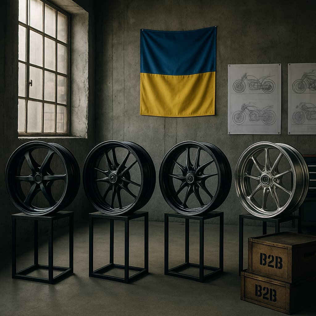 Forged motorcycle wheels in a custom workshop in Kyiv, Ukraine