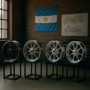Forged motorcycle wheels in a custom workshop in Buenos Aires
