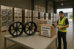 Forged motorcycle wheels being processed in an Ecuador import facility