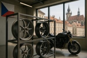 Forged motorcycle wheels displayed in a Prague motorcycle workshop